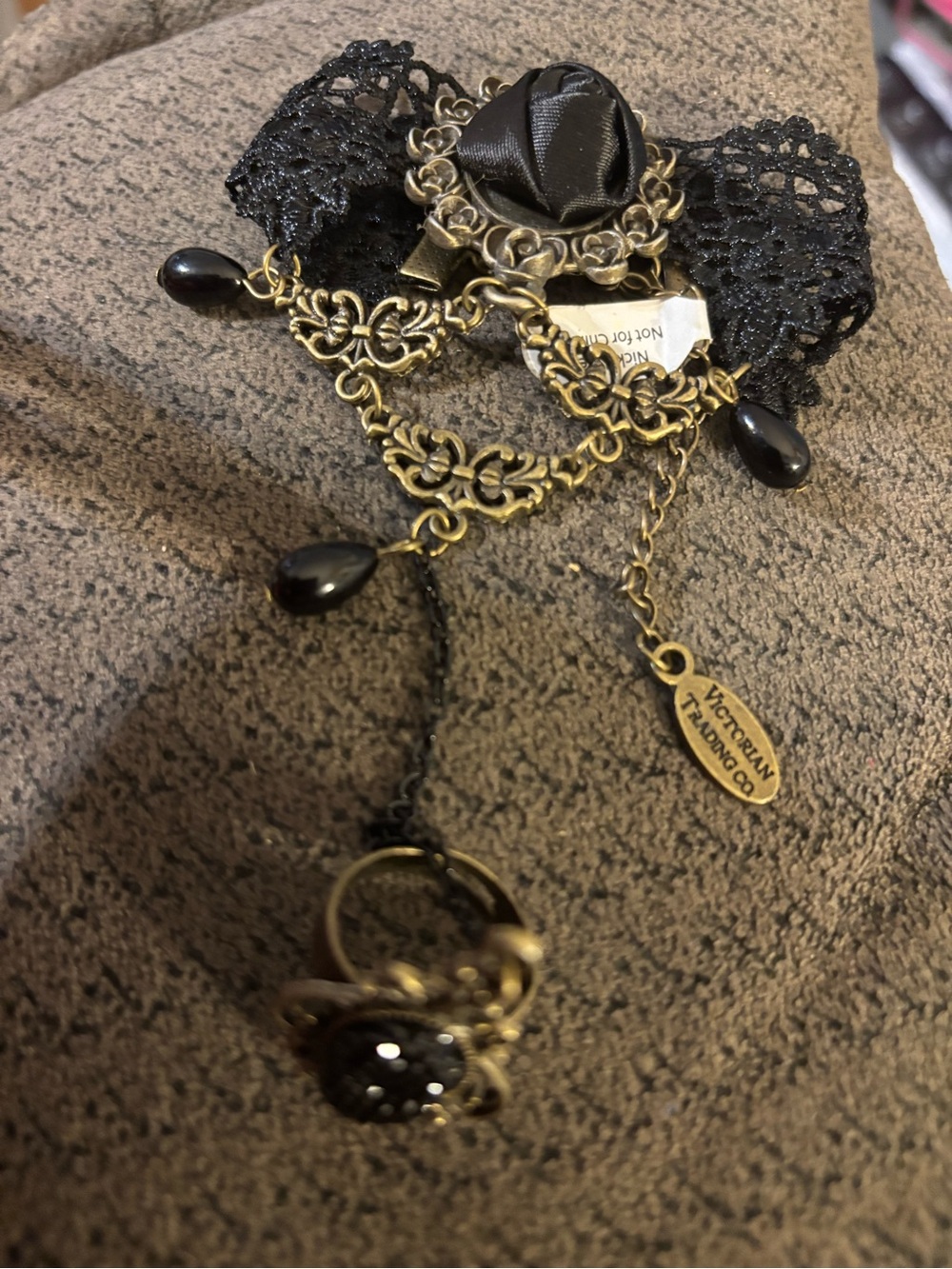Black Lace Rose Bracelet with Connecting Ring.  Antique Brass Accents